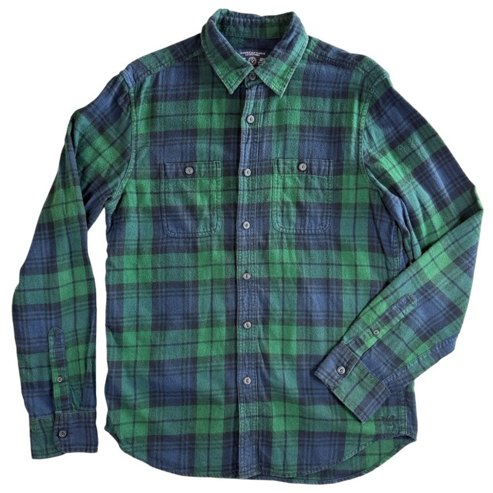 American Eagle Flannel Shirt Mens Medium Green Navy Plaid Prep Fit Long Sleeve